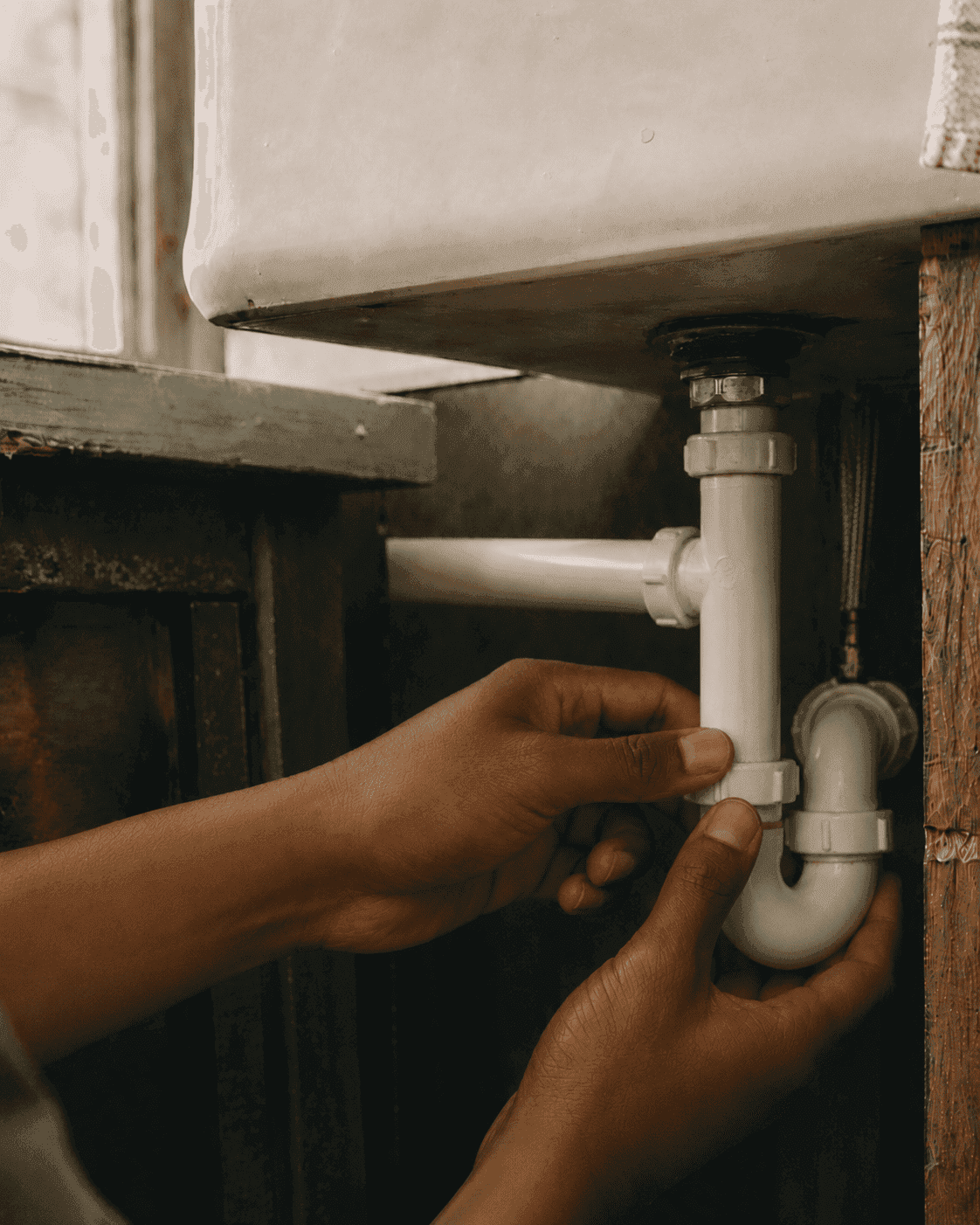Hands tightening the trap under an old porcelain kitchen sink